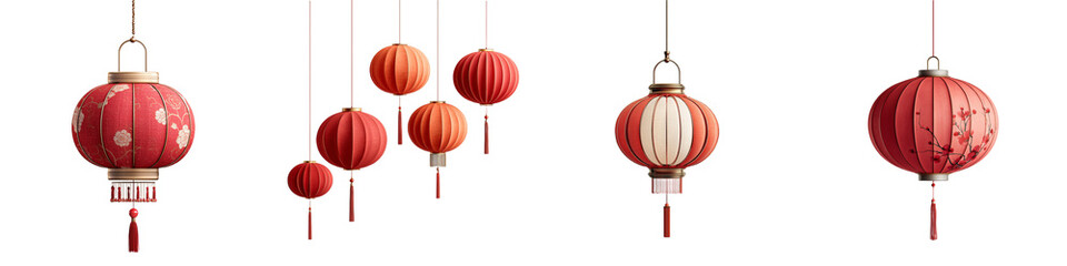 Red Chinese Lanterns Collection - Traditional Asian Decorations on White