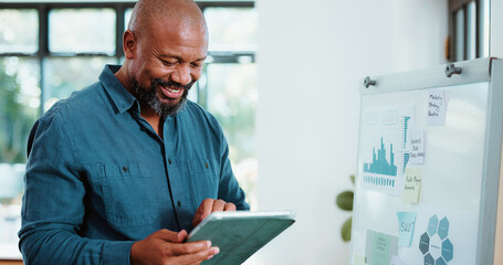 Tablet, research and reading with business black man in office for funding chart, project performance and graph. Campaign manager, planning and online review with mature person for brand tracking