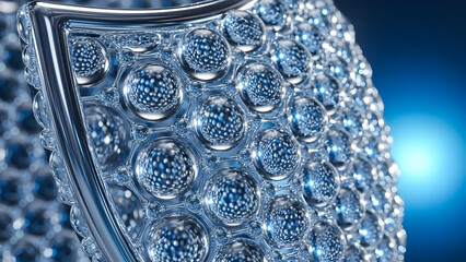 Protective shimmering metallic shield surface intricately covered with numerous crystal clear spherical liquid droplets reflecting intricate microscopic bubble patterns against a vibrant deep blue