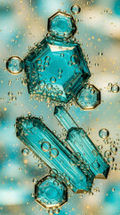 Vibrant blue green faceted crystal shapes suspended in a clear bubbly liquid create a mesmerizing abstract macro image showcasing scientific beauty and complex molecular structures.