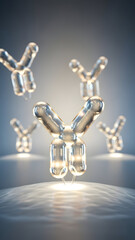 Highly detailed three dimensional rendering of multiple human antibodies in a scientific microscopic environment showing their complex protein structure and immune function.