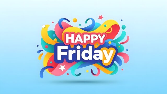 Vibrant Happy Friday Greeting with Colorful Swirls and Stars.