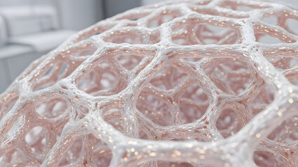 An ethereal translucent light pink and white intricate cellular structure is illuminated with shimmering highlights against a softly blurred abstract background, showcasing complex organic
