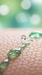 Pure transparent water droplet impacts healthy human skin surface creating a delicate glistening trail while another droplet gently floats above with a blurred fresh green bokeh background.