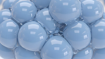 Shimmering light blue glossy spheres closely connected by a transparent gel like substance forming a captivating abstract microscopic biological cellular structure with subtle window reflections.