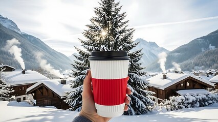 Hand holding red and white coffee cup in snowy mountain village with pine trees