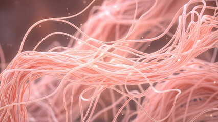 Intricate microscopic network of glowing pink collagen fibers depicting a healthy human cellular structure with tiny shimmering particles illustrating biological tissue regeneration and repair
