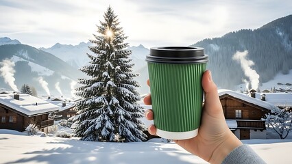 Hand holding green disposable coffee cup in snowy mountain village with pine trees
