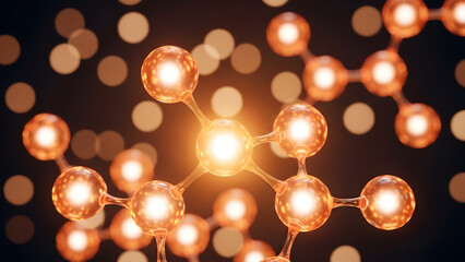 Glowing orange transparent molecular structure showcasing interconnected spherical atoms and their bonds, vividly illuminated against a dark abstract background featuring numerous soft blurred bokeh