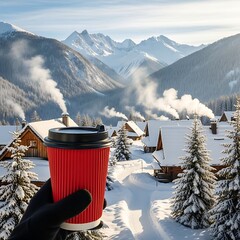 Hand holding red disposable coffee cup in snowy mountain village with wooden houses