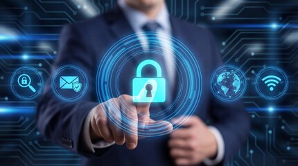 Professional man points to glowing blue padlock icon for cyber security and data