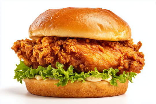 Crispy fried chicken burger with crunchy coating inside a soft sesame bun. Spicy chicken sandwich with golden crumbs flying, fast food style, clean studio lighting, isolated on white background.
