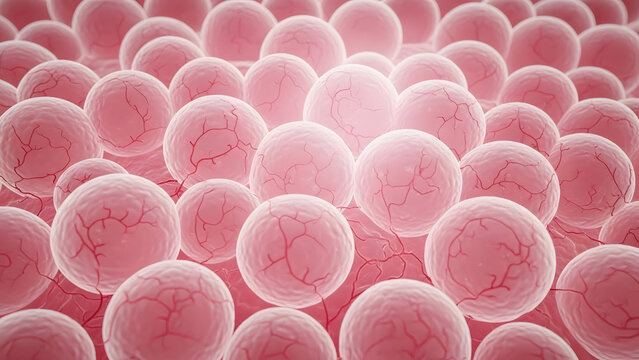 Microscopic healthy cells displaying intricate internal vascular networks on their rounded pink surfaces representing a detailed scientific visualization of living tissue growth and function.