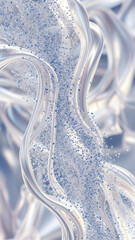 Abstract dynamic composition features elegant flowing silver metallic ribbons enclosing a vertical cascade of tiny sparkling blue particles in a bright futuristic fluid motion design.
