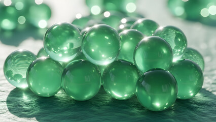 Shiny green translucent glass spheres are meticulously stacked together on a textured teal surface reflecting bright light creating an abstract scientific background with soft bokeh.