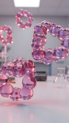 Abstract floating transparent pink and purple glass sphere molecular donut structures are dynamically levitating in a bright contemporary scientific laboratory setting with blurred beakers and