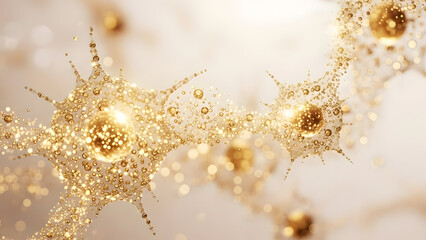 Sparkling golden particles coalesce into an intricate abstract cellular network featuring bright glowing spheres on a soft light background creating a luxurious scientific representation.