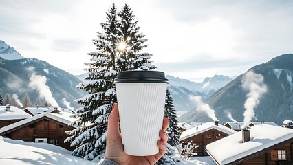 Hand holding white coffee cup with black lid in snowy mountain village landscape