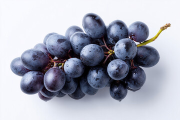 Fototapeta premium Fresh purple grapes with water droplets clustered on a vine with natural shine. Ripe juicy grape bunch with smooth skin texture, clean studio lighting, isolated on white background. 