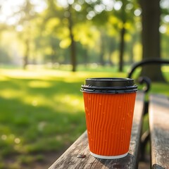 Orange disposable coffee cup on wooden park bench outdoors in sunny day