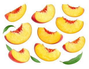 Naklejka premium Sliced fresh fruit, vibrant yellow flesh and red skin, some green leaves. Food isolated on white, studio shot, natural lighting
