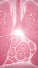 Detailed three dimensional digital rendering shows vibrant pink healthy human lung anatomy featuring illuminated bronchi, intricate pulmonary alveoli, and a central glowing bright light symbolizing