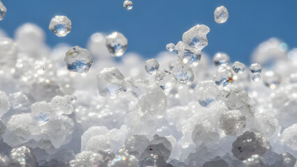 Dynamic sparkling ice crystals and glistening clear water droplets splash and fall from an unseen source against a vibrant brilliant blue sky, showcasing a refreshing winter background.