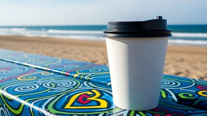 White coffee cup on colorful table at beach with ocean view