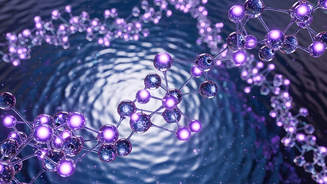 Dynamic molecular structure with interconnected purple glowing spheres and complex bonds precisely rendered against a deep blue rippled background, symbolizing advanced scientific research and - Powered by Adobe