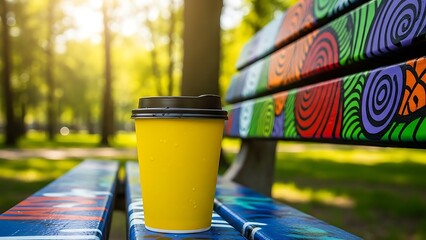Yellow coffee cup with black lid on colorful park bench outdoors in sunny day
