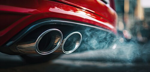 Close-up of a red vehicle's exhaust pipes emitting a plume of smoke, a visual of emissions