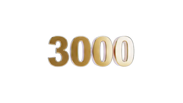 3D Golden 3000 Number on transparent background