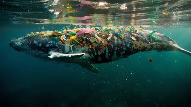 A whale's body is covered in a massive amount of plastic pollution, highlighting the devastating impact of waste on marine life.