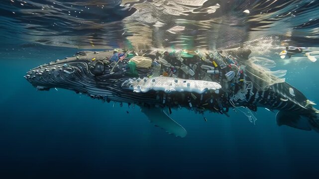 A majestic humpback whale struggles, entangled and suffocated by a massive accumulation of plastic pollution and fishing nets in the ocean.