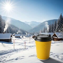 Yellow disposable coffee cup on snowy village mountain landscape with cabins and trees