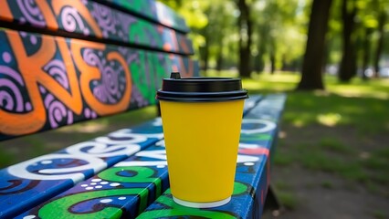 Yellow disposable coffee cup on graffiti painted park bench outdoors in sunny day