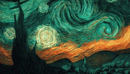 Swirling night sky over a dark landscape, featuring bright celestial orbs and expressive brushstrokes