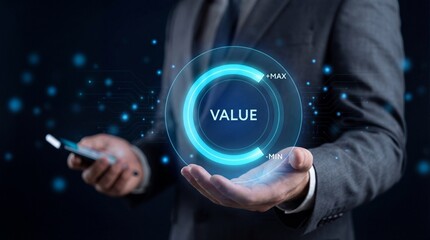 Businessman displaying holographic value interface with smartphone on dark tech 