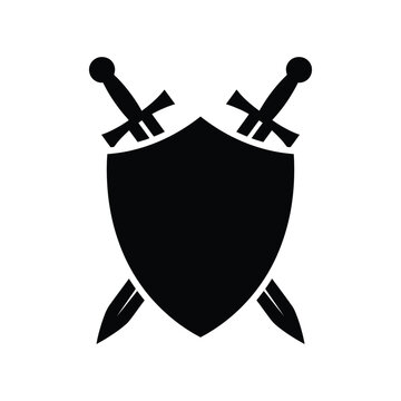 black shield with two crossed swords on top and dagger on bottom