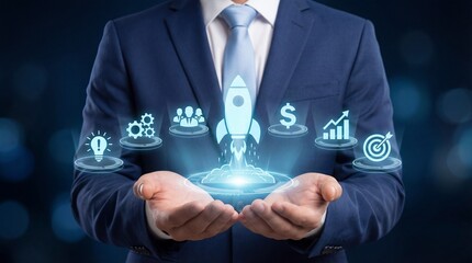 Professional businessman presenting a glowing rocket and business growth icons