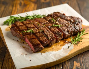 Sliced grilled steak rests on parchment atop a wooden board. Rosemary sprigs garnish the meat, set on a rustic wooden table