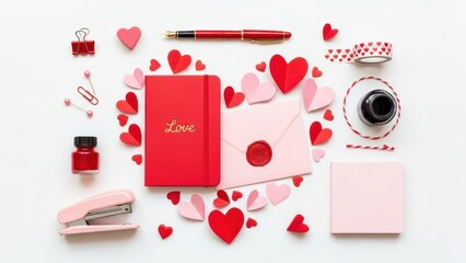 Romantic stationery set with hearts and love themed elements