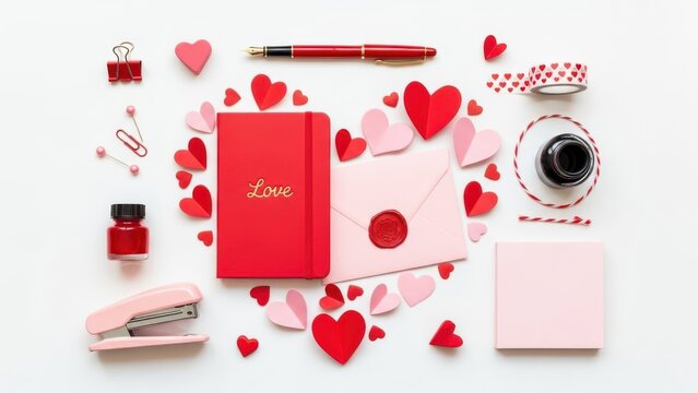 Romantic stationery set with hearts and love themed elements