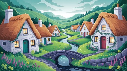 Whimsical irish village on st patrick's day with cottages and green landscape