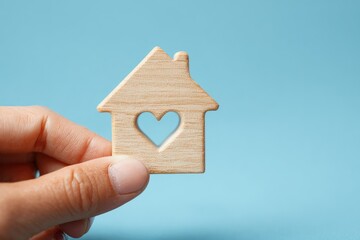Close-up of hand holding a wooden house cutout with heart shape against a blue background