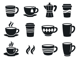 Fototapeta premium Simple icons set featuring various coffee mugs, tea cups, and a moka pot for hot drinks