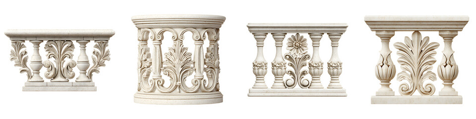 Obraz premium Architectural Balustrade Elements: Ornamental Stone Railings Isolated