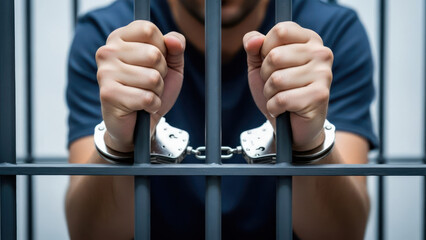 Man in handcuffs gripping prison bars with despair