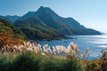 Scenic coastal vista featuring mountains, water, and autumn foliage with tall grasses in foreground