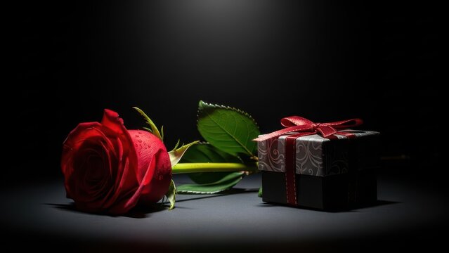 Single red rose beside an elegant gift box